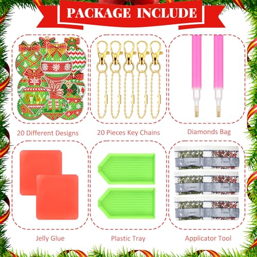 Tondiamo 20 Pcs Christmas Diamond Painting Keychain Kits 5D DIY Diamond Art Pendants Double Sided Hanging Key Chains for Christmas Party Decoration DIY(Green Balls) - style: Green Balls