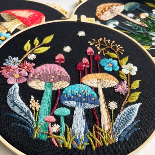 Myfelicity Embroidery Kit with Mushroom Patterns, 3 Hoops, Fabric, Threads, Needles, Instructions (Colorful) - color: colorful