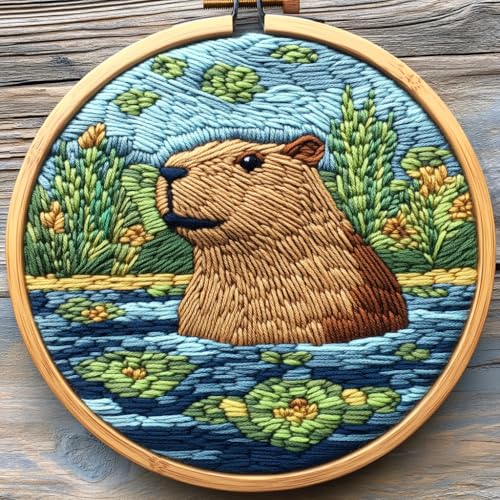 Punch Needle Kits for Beginners Hydrochoerus in Water 20x20cm-2 - color: 14-Capybara