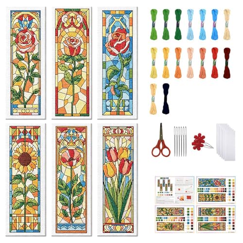 FREEBLOSS 6 Set Cross Stitch Bookmark Kits 8"x2.4" Colored Glass Flowers - style: Glass flower