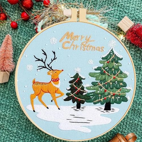 Huacan Embroidery Kits for Adults Beginner 4 Pcs Stamped Christmas Tree Pattern Stitching DIY Sewing Kit 7.9 x 7.9 Inch - color: Christmas Tree 1