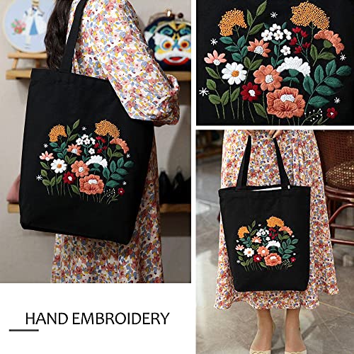 MAMUNU Canvas Tote Bag Embroidery Kit with Pattern for Beginners, Arts and DIY Crafts Kits for Adults, Include Instructions Embroidery Bag, Embroidery Hoops, Color Threads and Tool (Black) - color: Black