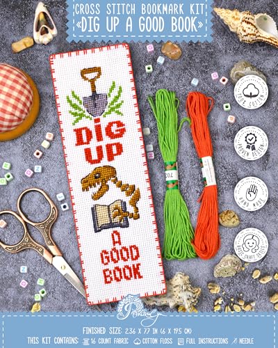 Povitrulya Counted Cross Stitch kit Dig Up A Good Book - Embroidery Set for DIY Bookmark with 16 Count Blank Aida Fabric, Paper Pattern and presorted Floss - color: Dig Up A Good Book