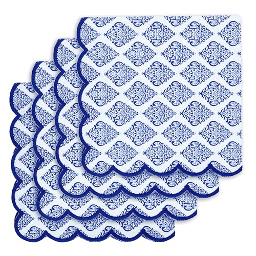 PurpleEssences Scalloped Cloth Napkins 18x18 in - Floral Paisley Edges Blue - color: Floral Paisley Edges - Blue