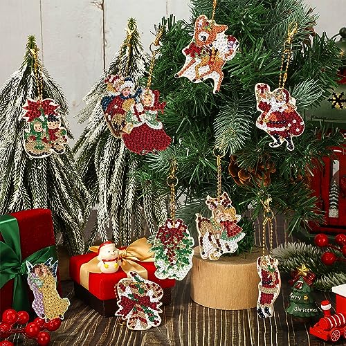 Outus 24 Pcs Christmas Diamond Art Ornaments 5d Hanging Painting Keychains
