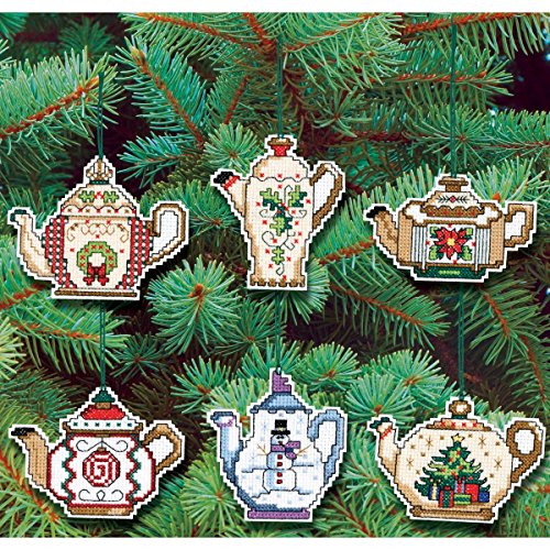 Christmas Teapot Ornaments Counted Cross Stitch Kit, 3-Inch, Set of 6