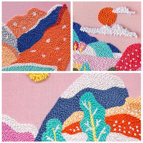 Allazone 3 Set Punch Needle Embroidery Kits, Punch Needle Kits for Adults Beginner, Punch Needle Tool with Punch Needle Cloth, Yarns and Sewing Needles (Sunset and Mountains) - color: sunset