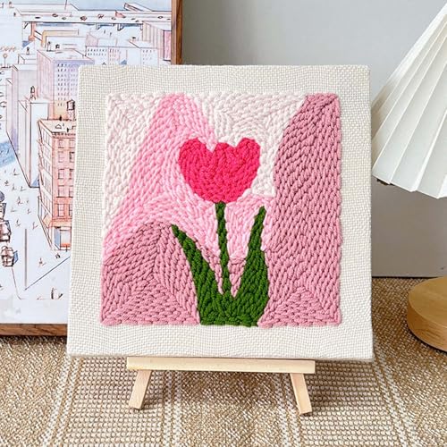 Allazone Punch Needle Embroidery Kit With Frame, Square Fabric, Flower Pattern, Hoop, Yarns (Pink Tulip) - color: Pink