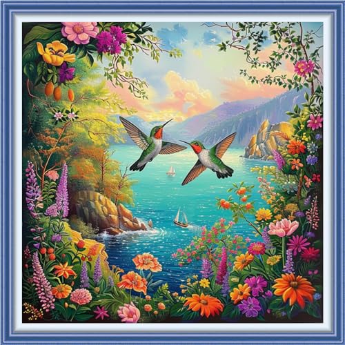 Redxing Stamped Cross Stitch Kits Full Range of Embroidery Starter Kits- Needlepoint Counted Cross Stitch Kits for Beginner Adults 11CT Printed Embroidery Kit-Seaside Hummingbird 18x18 inch - color: DIYArtsKit19