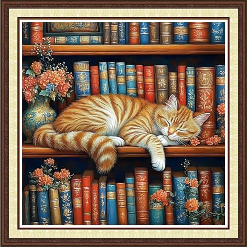 Findvoor Counted Cross Stitch Kits for Adults Full Range of Cross Stitching Embroidery Unprinted Pattern for Beginners, 11CT Needlepoint Kit Patterns Embroidery Kits-Cat Sleeping Bookshelf 18x18 inch - color: ColorCraft06