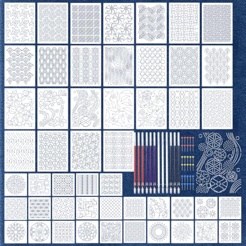 50 Pcs Sashiko Stencil Kit, Plastic Texture Template Pattern - color: Needle and Pen-Color2