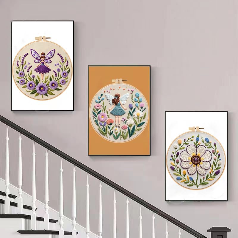 Konrisa Embroidery Kits for Adults, 3pcs Elf Flower Fairy Floral Embroidery Starter Kit DIY Sewing Practice with Hoop,Needlepoint Cross Stitch Kit - color: flower fairy