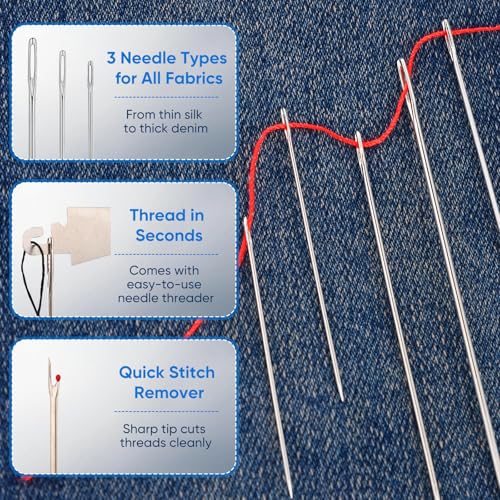 37Pcs Big Eye Steel Sewing Needles Kit, Stainless Steel Sewing Needles for Hand Sewing with Large Eye Needle Set, Sewing Kit Tools with Threader and Thimble for Mending Clothes and Repairs