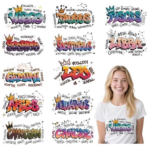 Zodiac DTF Transfers Ready to Press - 12 Sheets Star Signs‌ Iron On Transfers for T Shirts Astrological Signs Heat Transfer Iron on Patches for Clothes Bag Pillow Cover DIY - style: Zodiac Style