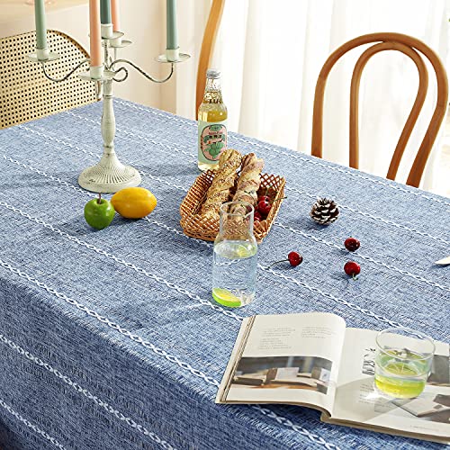 Chassic 60 x 84 inches Farmhouse Style Linen tablecloths, Wrinkle Resistant Washable Dining Room Table Cloths for Rectangle Tables - Hemstitch Blue - color: Hemstitch Blue, size: 84" x 60" (Rectangular)