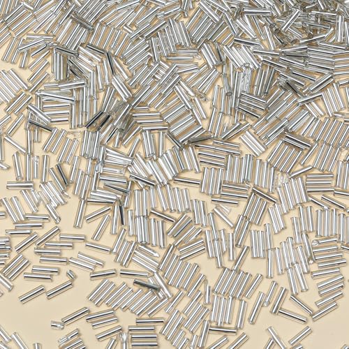 2000pcs Glass Bugle Beads, Tube Beads Bulk, Mini Long Tiny Small Waist Loose Spacer Embroidery Beaded for Bracelets Jewelry Making Sewing, Crafts, 2×6mm, Silver - color: Silver