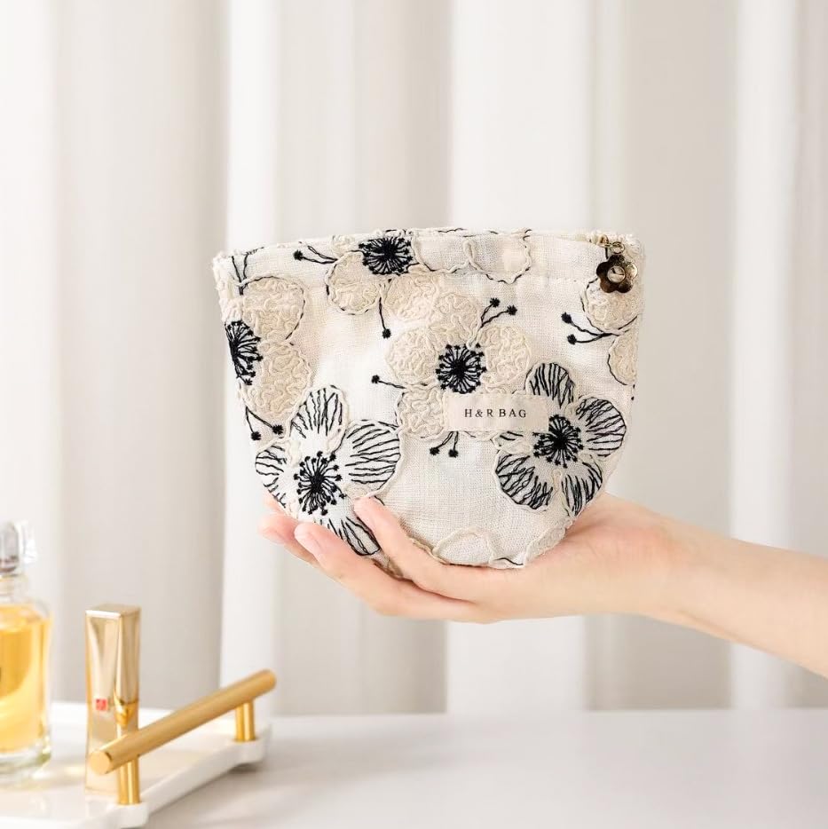 Embroidery Craft Makeup Bag with Zipper Floral Makeup Pouch 10×7 Inch - color: White and Black Flower