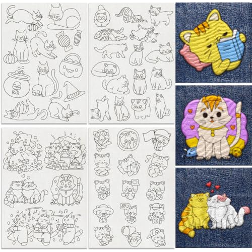 48Pcs Cat Playing Halloween Embroidery Pattern Stabilizer, 8.3"x11.7" Cute Kitten Water Soluble Stick and Stitch Embroidery Sticker, 4 Sheets Kitty Hand Sewing DIY Embroidery Paper - style: Cat Playing