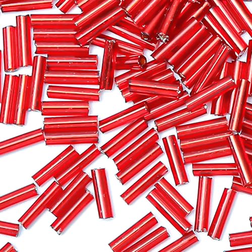 2000pcs Glass Bugle Beads, Tube Beads Bulk, Mini Long Tiny Small Waist Loose Spacer Embroidery Beaded for Bracelets Jewelry Making Sewing, Crafts, 2×6mm, True Red - color: True Red