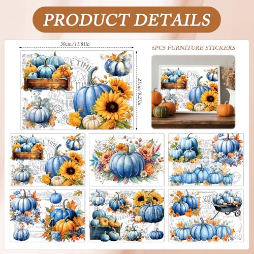 Wxiben Rub on Transfers for Crafts and Furniture - 6 Sheet Fall Pumpkin Rub on Transfers Stickers Watercolor Autumn Sunflower Furniture Decals for Thanksgiving Harvest Wood DIY Craft Home Office Decor - style: Blue Fall Pumpkin
