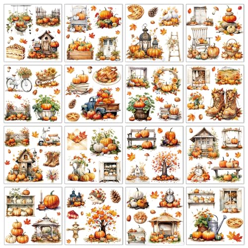 16 Pcs Fall Autumn Rub on Transfers for Crafts 5.9x5.9 Inch - color: Watercolor Pumpkin