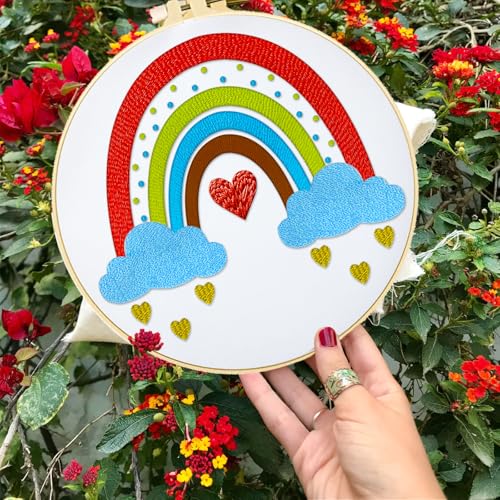INFUNLY 5 Sets Rainbow Sun Embroidery Kits for Beginners DIY Cross Stitch Starter Sets with Instructions Heart Moon Pattern Needlepoint Kits with Embroidery Cloth Colored Threads Hoops Tools - style: Weather themes