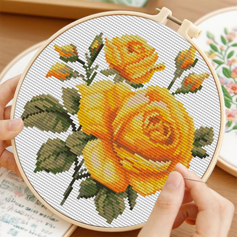 Yellow Rose 11CT Stamped Cross Stitch Kits Easy for Beginners Child with Hoop DIY Needlepoint Counted Embroidery Kits Art Craft Wall Decor 12x12IN(4)