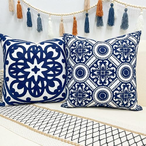 Slow Cow Embroidered Throw Pillow Cover 18 x 18 Inch Navy Blue - color: Navy Petal, size: 18" x 18" (Pack of 1)