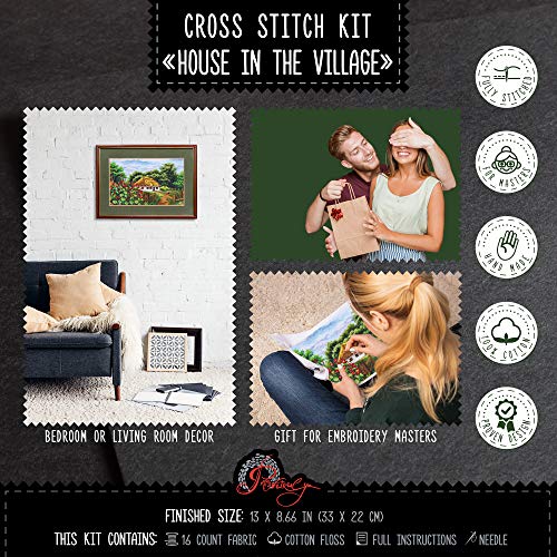 Povitrulya House in the Village - Counted Cross Stitch Kit, 14 Count Aida Cloth, 13" х 8.66" - color: House in the Village
