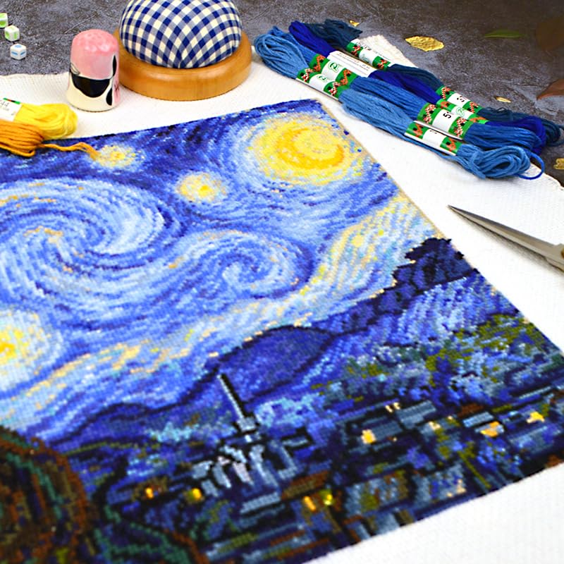 Povitrulya Counted Cross Stitch Kit for Adults 'Starry Night' by Vincent Van Gogh - Impressionist Art - Embroidery Set with Pattern, Famous Painting Design