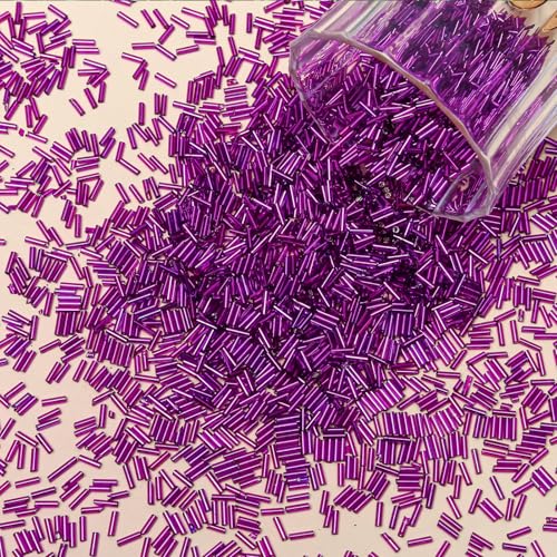 4200pcs Glass Bugle Beads, Mini Long Tube Seed Beads Bulk, Tiny Small Loose Spacer Embroidery Beaded for Bracelets Jewelry Making Sewing, Crafts, Christmas Ornaments, 2×6mm, Pink Purple - color: Deep Pink