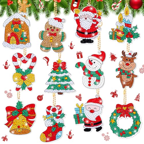 Junkin 12 Pcs Christmas Diamond Art Painting Keychain Ornaments 5d, Cute