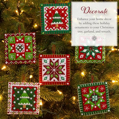 Bucilla Felt Applique 4 Piece Ornament Making Kit, Holiday Quilt Squares, Perfect for DIY Arts and Crafts, 89753E