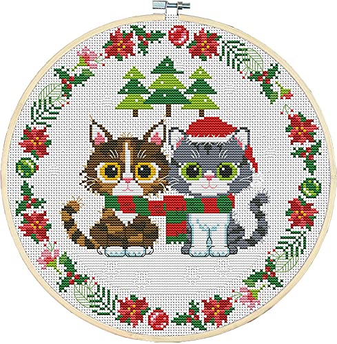 Awesocrafts Cross Stitch Kits Two Christmas Kittens 11CT Stamped Patterns Easy Cross Stitching Embroidery Needlework Kit Supplies (Kittens) - color: Kittens