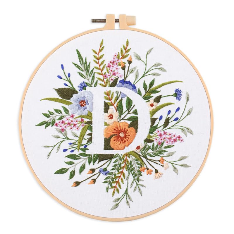 Amiiba Embroidery Starter Kit with Letter D Pattern, DIY Full Range Stamped Embroidery Cross Stitch Kits for Beginners Adults (Letter D) - color: Letter D