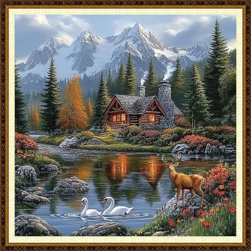 Redxing Counted Cross Stitch Kit for Beginners,Unprinted Needlepoint Kits for Beginners Cross Stitching Embroidery Kit 11CT Stitches kit-Home Scenery 18x18 inch - color: KitColors25