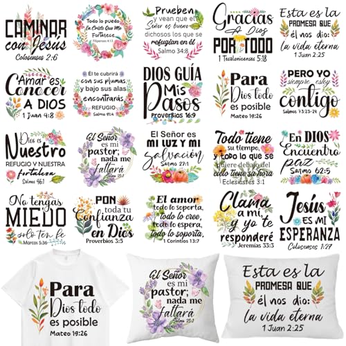 Dazoratix Spanish Iron on Transfers - 20 Sheets Bible Verse DTF Ready to Press Christian Religious Inspirational Heat Stickers Patches Vinyl Applique Decals for T Shirts Clothing Decorations DIY Craft - style: Spanish Bible