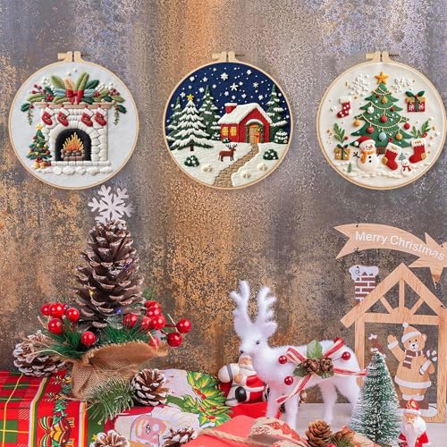 LB Christmas Embroidery Kit for Beginners Adults, 3 Sets Hand Embroidery Starter Kit with Fireplace Pattern and Instructions Stamped Cross Stitch Kits Include Embroidery Hoop Needles Threads Scissors - color: Blue
