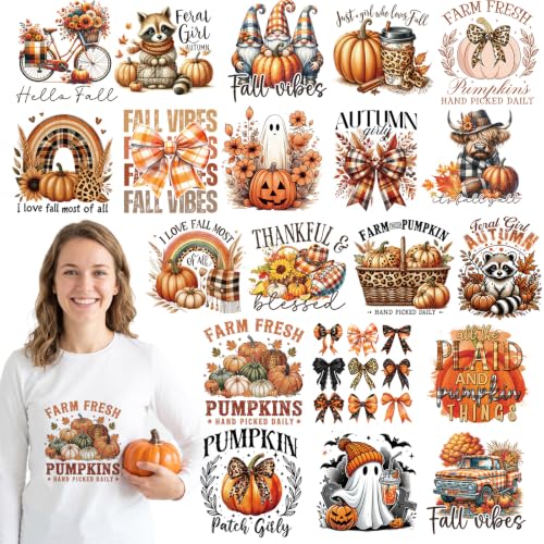 Dazoratix Fall Iron on Transfers - 20 Sheets Pumpkin Autumn DTF Ready to Press Bow Ghost Heat Patches Stickers Vinyl Decals for T Shirts Clothes Hoodies Pillow Bag Hat DIY Crafts Appliques Decorations - style: Fall