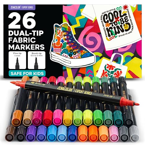 Zenacolor - 26 Fabric Markers Permanent for Clothes - Dual Tip