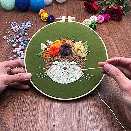 Mozzyyee Embroidery Starter kit, DIY Adult Beginner Embroidery Kits, Including Cloth with Cat Patterns, Colored Threads, Needles, Hoops and Instructions (Green) - color: Green