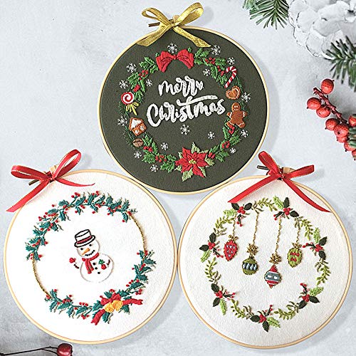 Embroidery Kit Merry Christmas Snowman Ornaments Wreath Awesocrafts Full Range of Embroidery Starter Kits for Beginners Adults DIY Handmade Easy Patterns (3 Pack) - color: 3 Pack