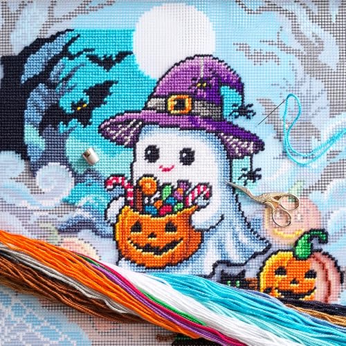 Brvsk Halloween Needlepoint Kit for Adults and Beginners — Trick-or-Treat Ghost 16″ × 16″ with Clear, Precise Printed Design on Cotton Canvas; Includes 2 Needles, Yarn, and Easy-Read Chart - color: Trick-or-Treat Ghost