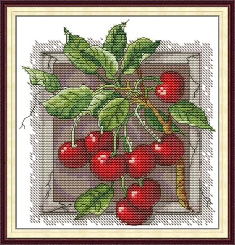 CaptainCrafts Cross Stitch Kits, Stamped Fabric Cross Stitching DIY Art DMC Needlecrafts Embroidery Kit for Adults Beginner (Red Cherry, Stamped) - color: Red cherry, size: Stamped