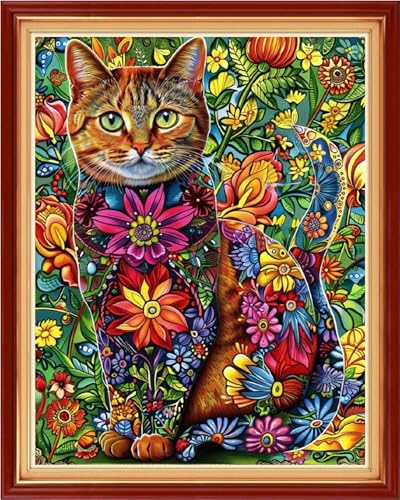 Redxing Stamped Cross Stitch Kits - Beach Night Landscape Counted Cross Stitch Kits for Beginners Adults Needlepoint Cross-Stitch Patterns-Flower Cat 16x20 inchs - color: ArtsKit05