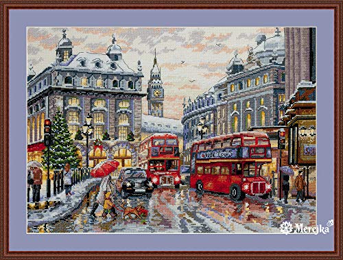 Merejka Counted Cross Stitch Kit for Adults – London K-159 | DMC Threads & Zweigart Aida 16 Fabric | 34 Colors | 12×16 in (30×40 cm)
