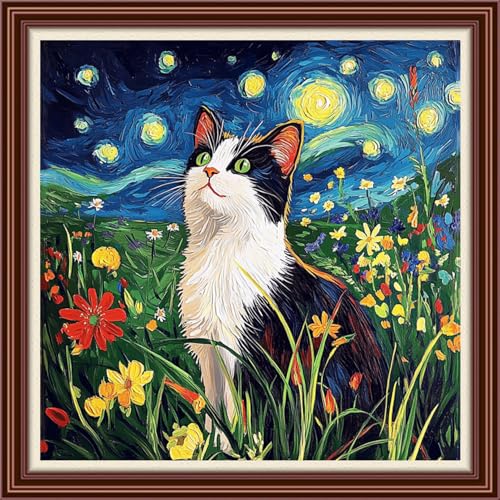 Dimxvean Counted Cross Stitch Kits for Adults,11CT Unprinted Cross-Stitch Pattern Embroidery Kit Cross Stitching Kit Supplies Needleworks Set-Night Moon Cat 18x18 inchs - color: SetColor20