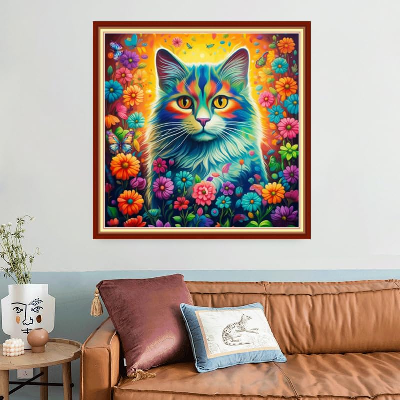 Joyhoor Stamped Cross Stitch Kits for Beginners, Needlepoint Kits for Adults, 11CT Counted Embroidery Kits-Cat Flowers 18x18 inchs - color: Artstyle01
