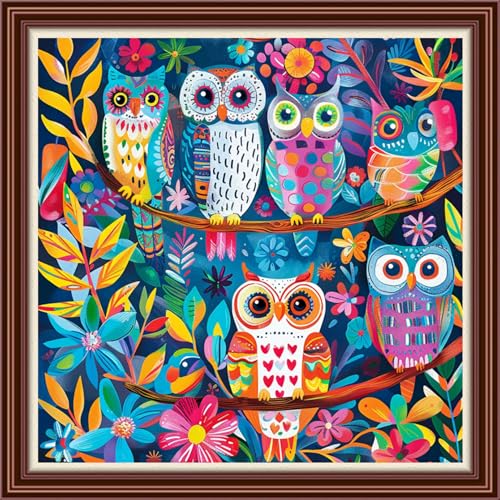Dimensean Counted Cross Stitch Kit for Beginners, 11CT Unprinted Cross-Stitch Kit Easy Patterns Needlepoint Kit Cross Stitching Embroidery Kit Supplies-Colorful Owl on the Tree 18x18 inch - color: Patterns40