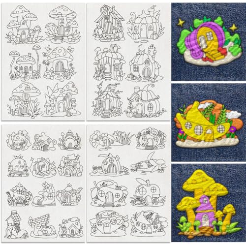 32Pcs Pumpkin Mushroom House Embroidery Pattern Stabilizers, 8.3"x11.7" Cartoon Plant House Water Soluble Stick and Stitch Embroidery Stickers, 4 Sheets Hand Sewing Embroidery Paper - style: Pumpkin Mushroom House